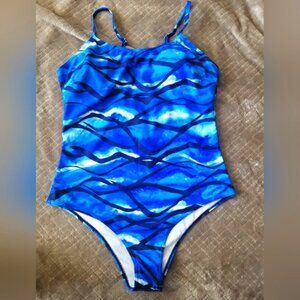 ^ Shein Bathing Suit with Sheer Cover,‎ Swim, Tan, Aqua Waves Blue, Size 1XL
